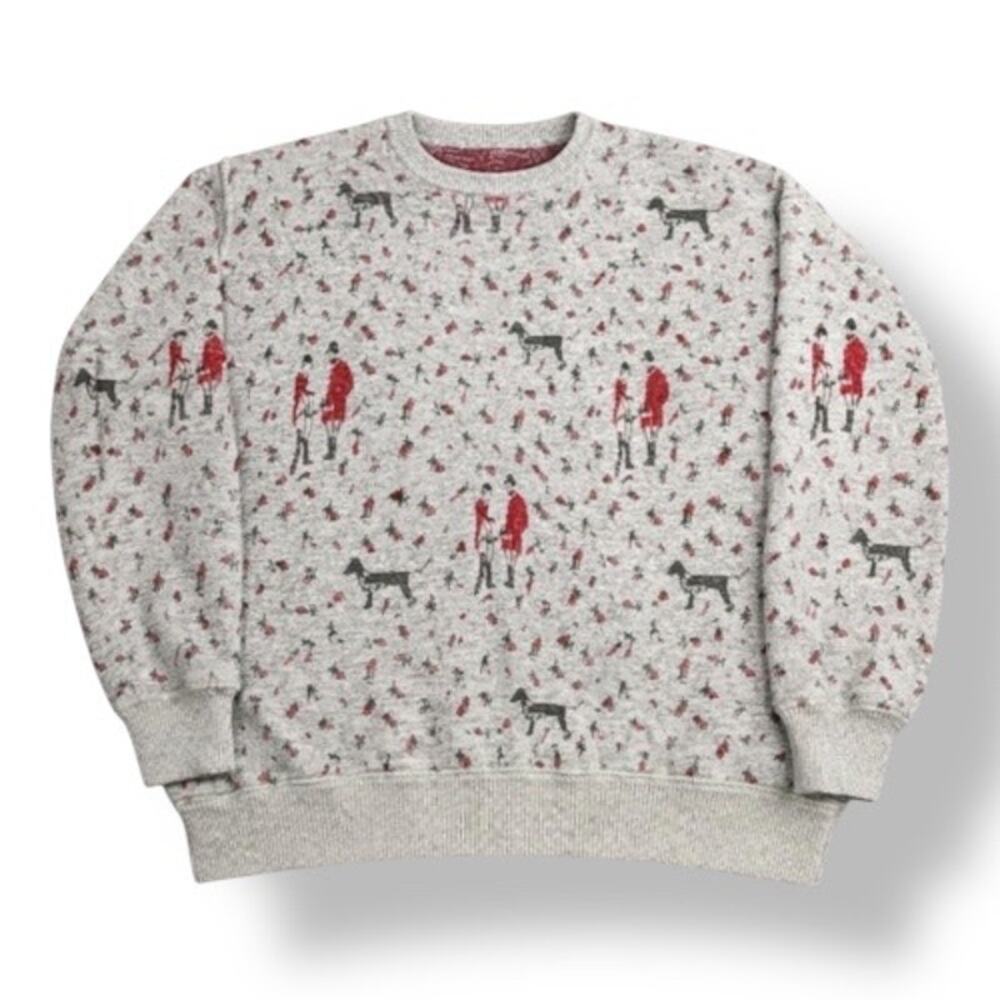 90s Grey Knit Sweater Hunting Scene Dog Animal Print Floral Roses Crew Neck Knit